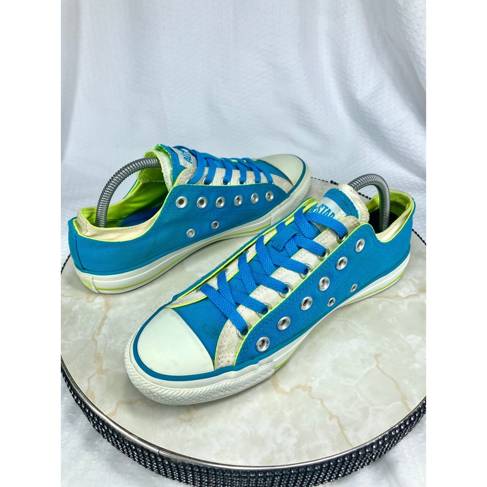 Converse Low Top Double Tongue Shoes Womens Sz 9 Blue Lime Green Canvas Sneakers - Picture 11 of 12